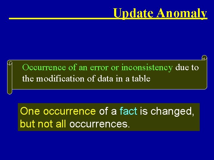 Update Anomaly Occurrence of an error or inconsistency due to the modification of data