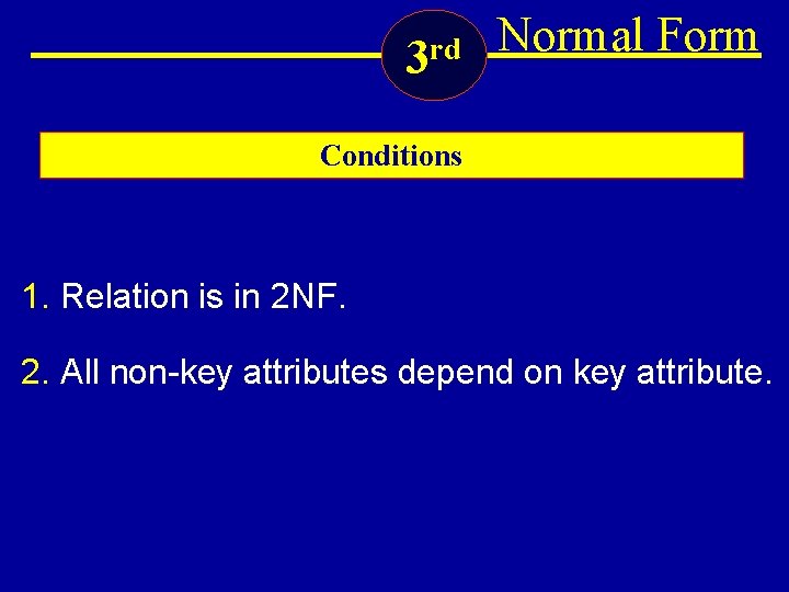 3 rd Normal Form Conditions 1. Relation is in 2 NF. 2. All non-key