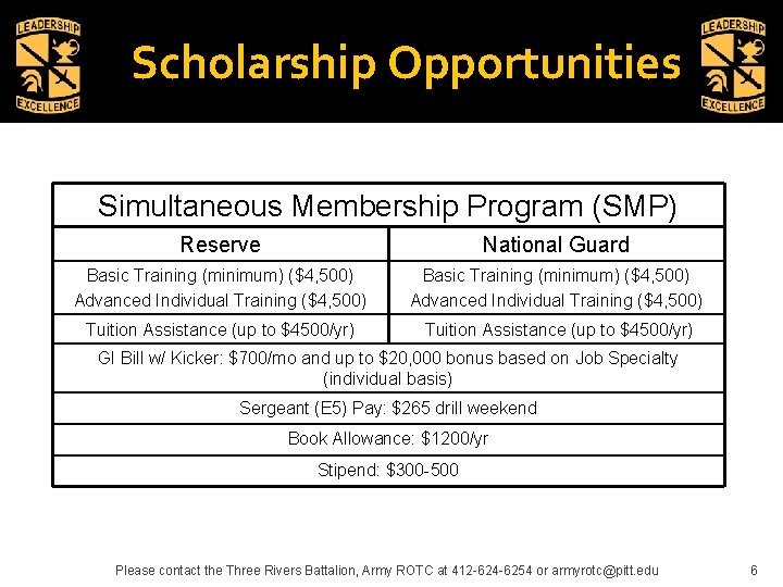 Scholarship Opportunities Simultaneous Membership Program (SMP) Reserve National Guard Basic Training (minimum) ($4, 500)