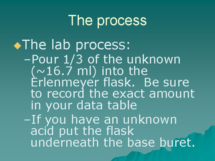 The process u. The lab process: –Pour 1/3 of the unknown (~16. 7 ml)