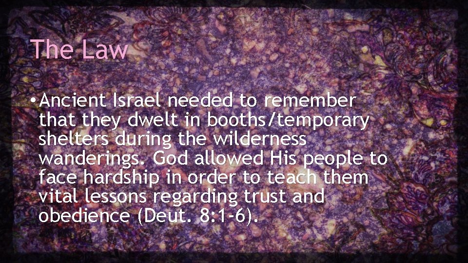 The Law • Ancient Israel needed to remember that they dwelt in booths/temporary shelters The Law • Ancient Israel needed to remember that they dwelt in booths/temporary shelters