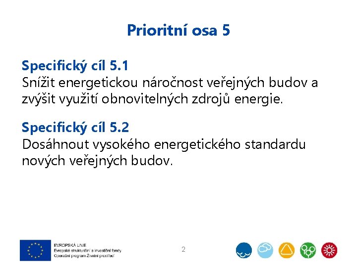 Prioritní osa 5 Specifický cíl 5. 1 Snížit energetickou náročnost veřejných budov a zvýšit