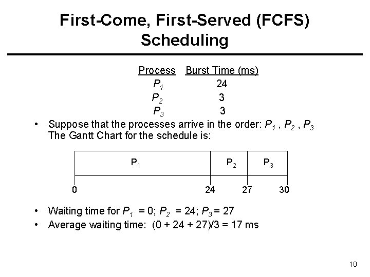 First-Come, First-Served (FCFS) Scheduling Process Burst Time (ms) P 1 24 P 2 3