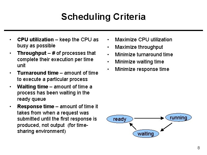Scheduling Criteria • • • CPU utilization – keep the CPU as busy as