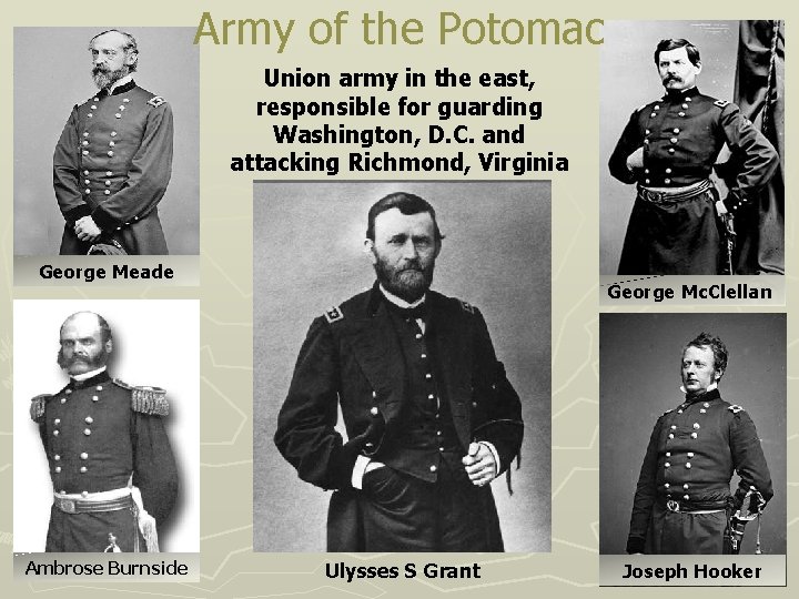 Army of the Potomac Union army in the east, responsible for guarding Washington, D.