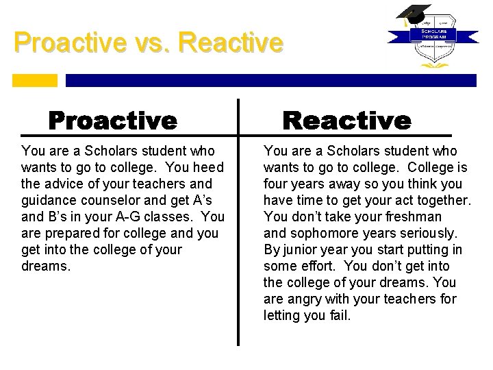 Proactive vs. Reactive You are a Scholars student who wants to go to college.