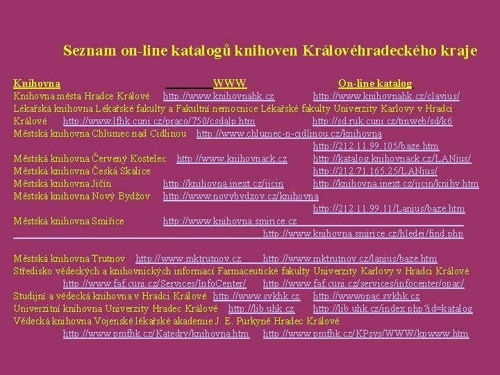 Seznam on-line katalogů knihoven Královéhradeckého kraje Knihovna WWW On-line katalog Knihovna města Hradce Králové