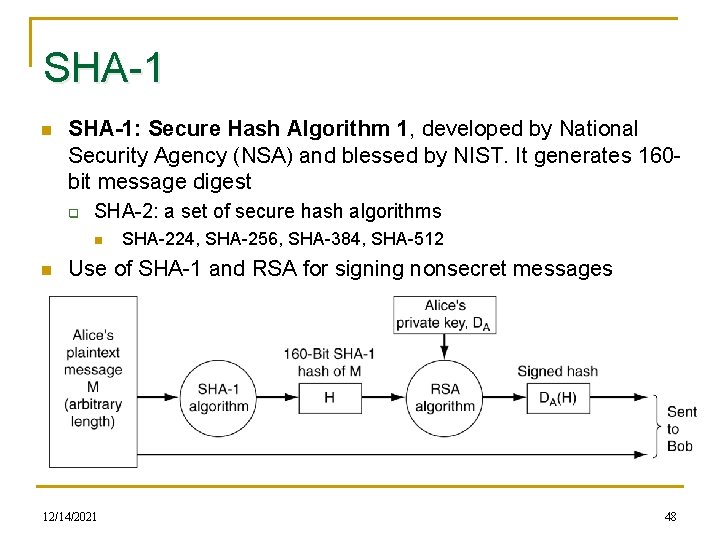 SHA-1 n SHA-1: Secure Hash Algorithm 1, developed by National Security Agency (NSA) and