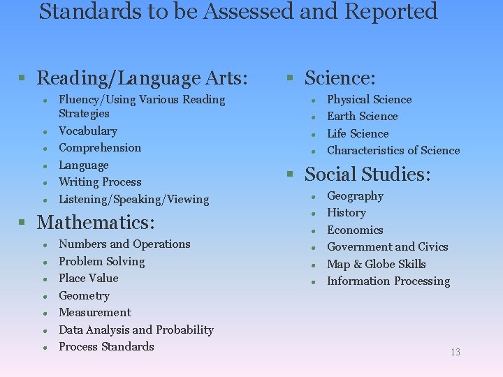 Standards to be Assessed and Reported § Reading/Language Arts: l l l Fluency/Using Various