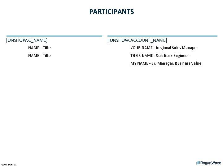 PARTICIPANTS [ONSHOW. C_NAME] [ONSHOW. ACCOUNT_NAME] NAME – Title YOUR NAME – Regional Sales Manager