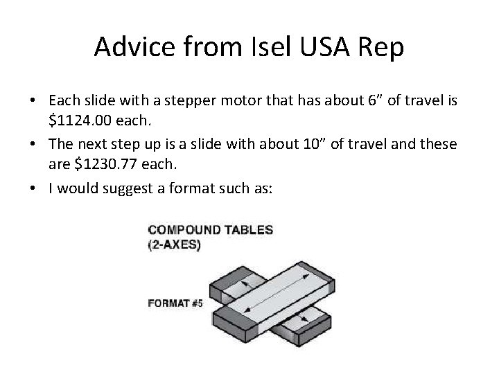 Advice from Isel USA Rep • Each slide with a stepper motor that has