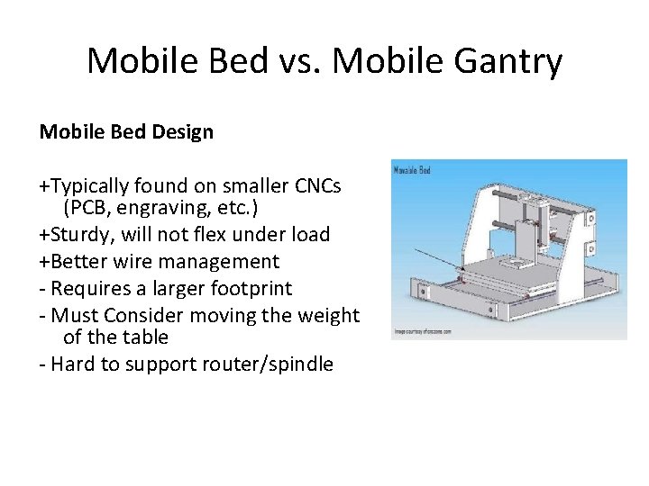 Mobile Bed vs. Mobile Gantry Mobile Bed Design +Typically found on smaller CNCs (PCB,