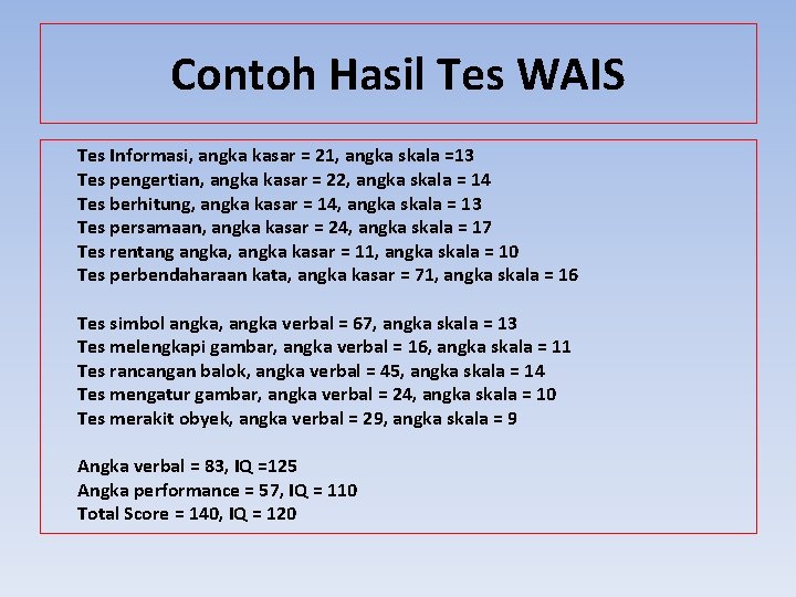 Contoh Hasil Tes WAIS Tes Informasi, angka kasar = 21, angka skala =13 Tes