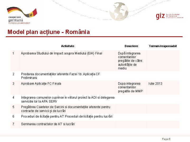 Model plan acțiune - România Activitate 1 Aprobarea Studiului de Impact asupra Mediului (EIA)