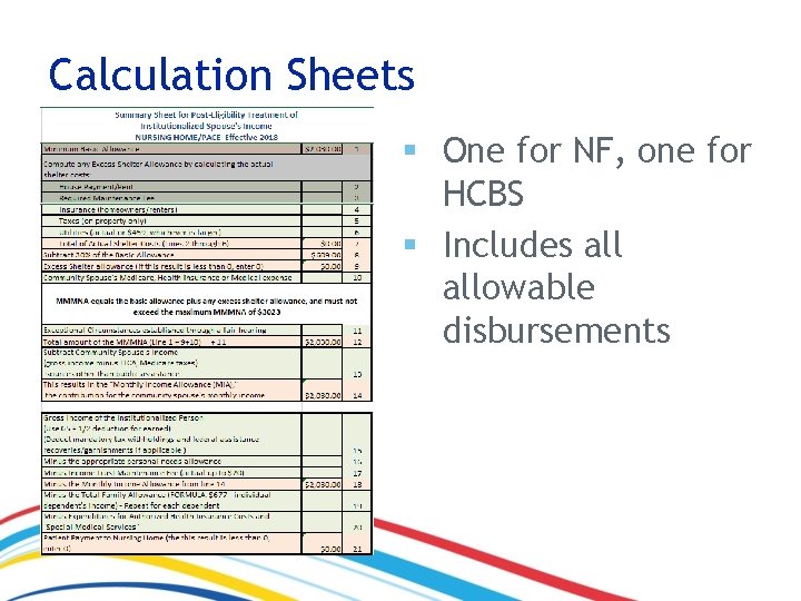 Calculation Sheets § One for NF, one for HCBS § Includes allowable disbursements 