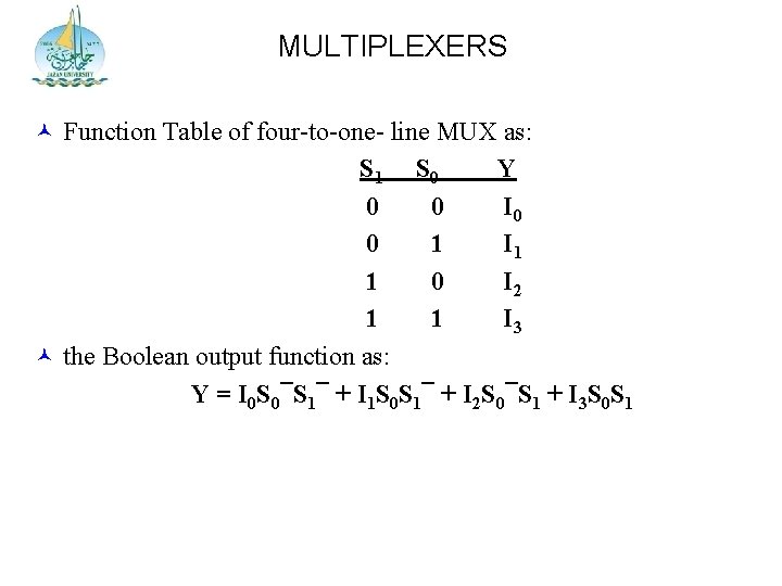 MULTIPLEXERS Function Table of four-to-one- line MUX as: S 1 S 0 Y 0