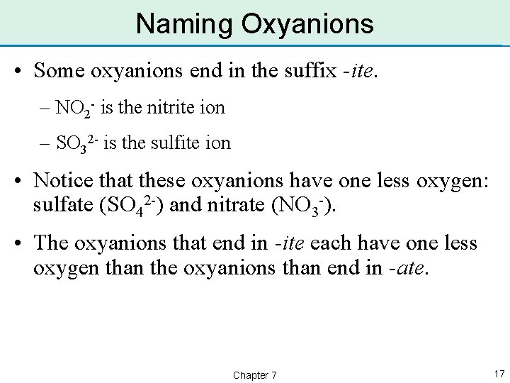 Naming Oxyanions • Some oxyanions end in the suffix -ite. – NO 2 -