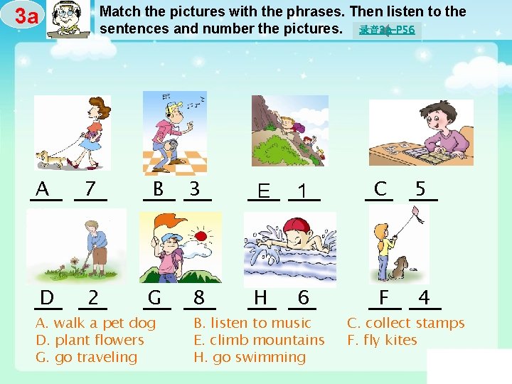 Match the pictures with the phrases. Then listen to the sentences and number the
