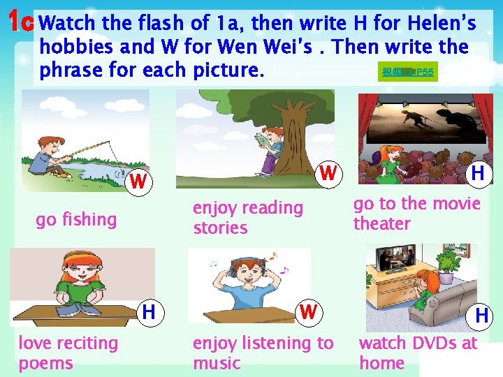 Watch the flash of 1 a, then write H for Helen’s hobbies and W