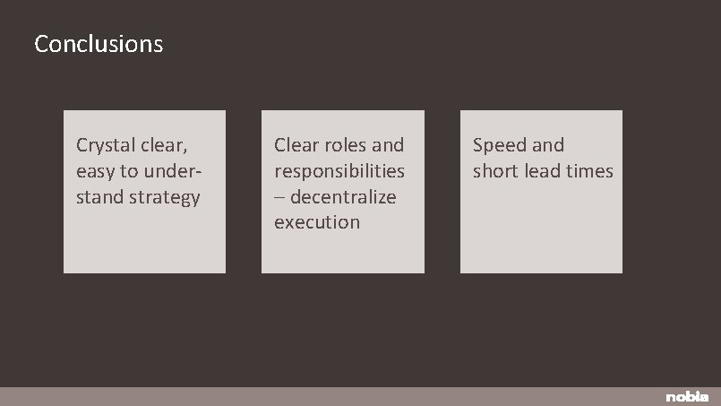 Conclusions Crystal clear, easy to understand strategy Clear roles and responsibilities – decentralize execution