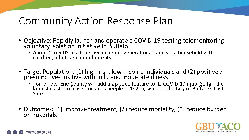 Community Action Response Plan • Objective: Rapidly launch and operate a COVID-19 testing-telemonitoringvoluntary isolation