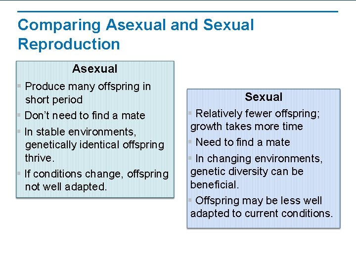 Comparing Asexual and Sexual Reproduction Asexual § Produce many offspring in short period §