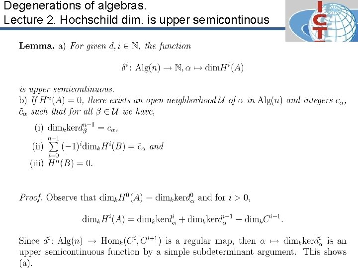 Degenerations of algebras. Lecture 2. Hochschild dim. is upper semicontinous 