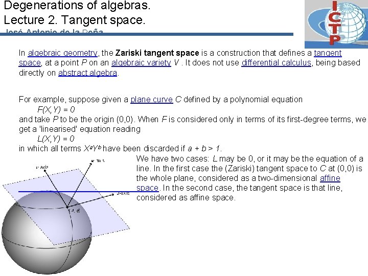 Degenerations of algebras. Lecture 2. Tangent space. José-Antonio de la Peña In algebraic geometry,