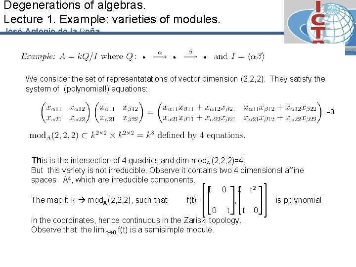 Degenerations of algebras. Lecture 1. Example: varieties of modules. José-Antonio de la Peña We