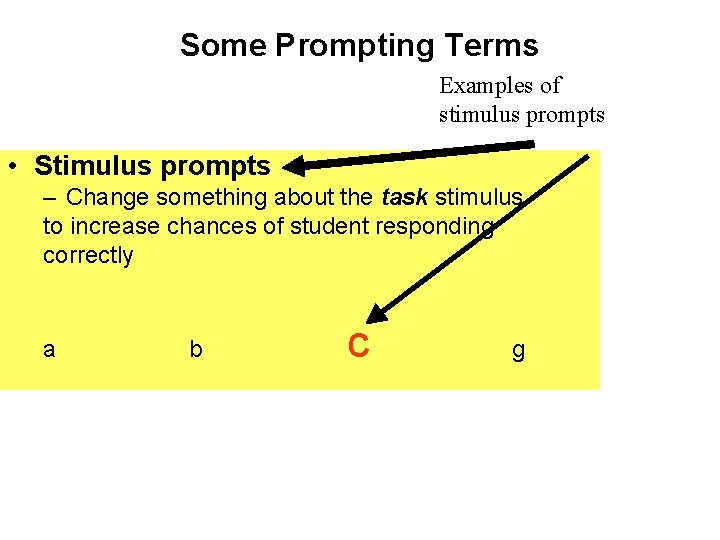 Some Prompting Terms Examples of stimulus prompts • Stimulus prompts – Change something about