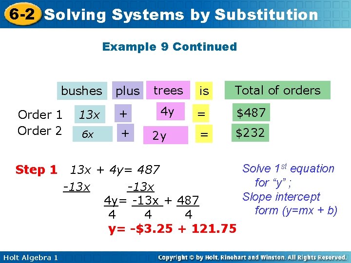 6 -2 Solving Systems by Substitution Example 9 Continued bushes Order 1 Order 2