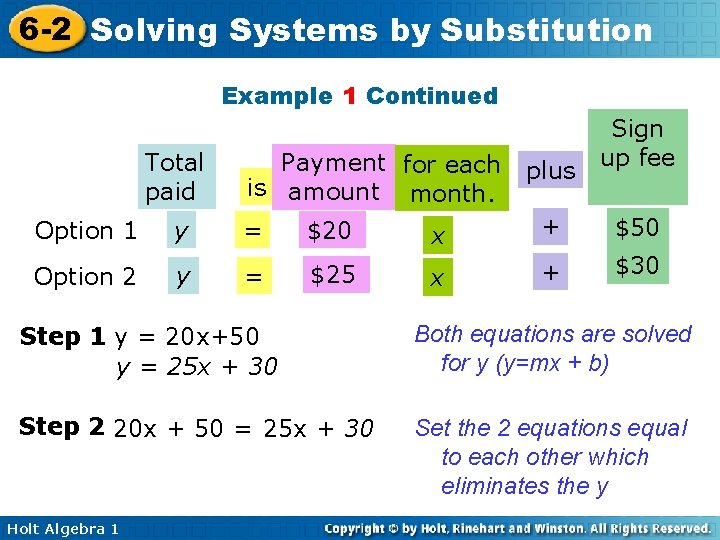 6 -2 Solving Systems by Substitution Example 1 Continued Total paid Payment for each