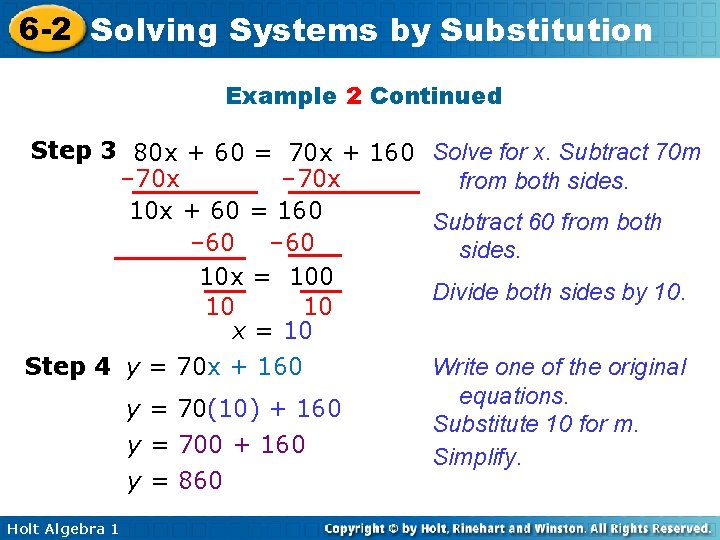 6 -2 Solving Systems by Substitution Example 2 Continued Step 3 80 x +