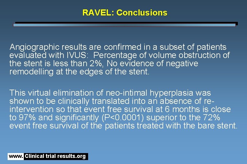 RAVEL: Conclusions Angiographic results are confirmed in a subset of patients evaluated with IVUS: