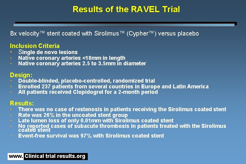 Results of the RAVEL Trial Bx velocity™ stent coated with Sirolimus™ (Cypher™) versus placebo