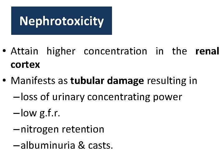 Nephrotoxicity • Attain higher concentration in the renal cortex • Manifests as tubular damage