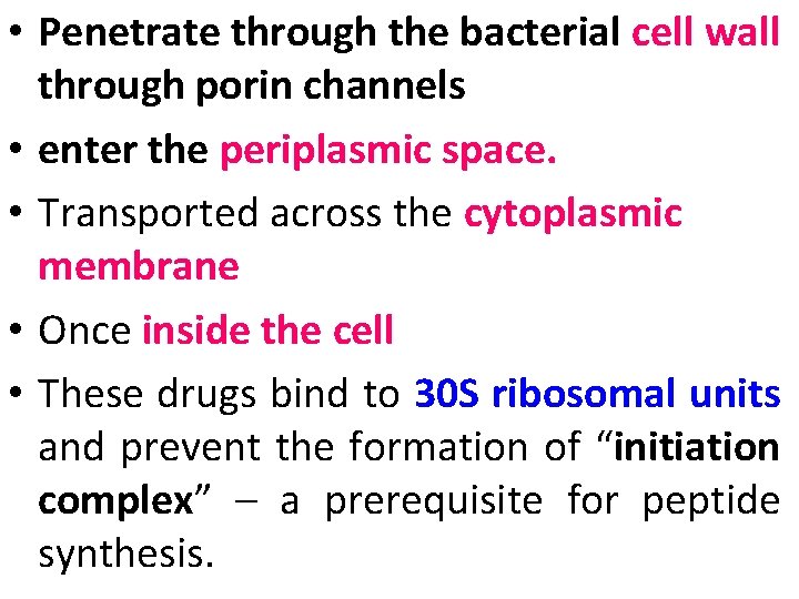  • Penetrate through the bacterial cell wall through porin channels • enter the