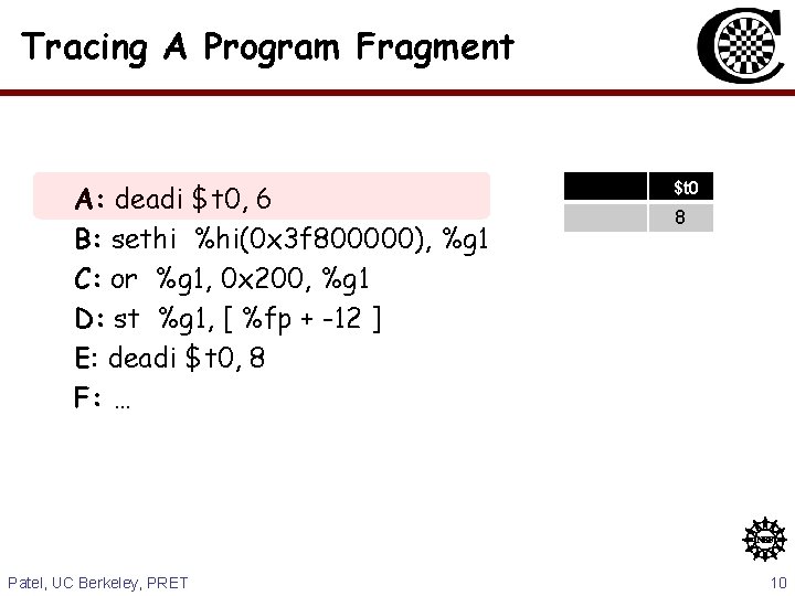 Tracing A Program Fragment A: deadi $t 0, 6 B: sethi %hi(0 x 3