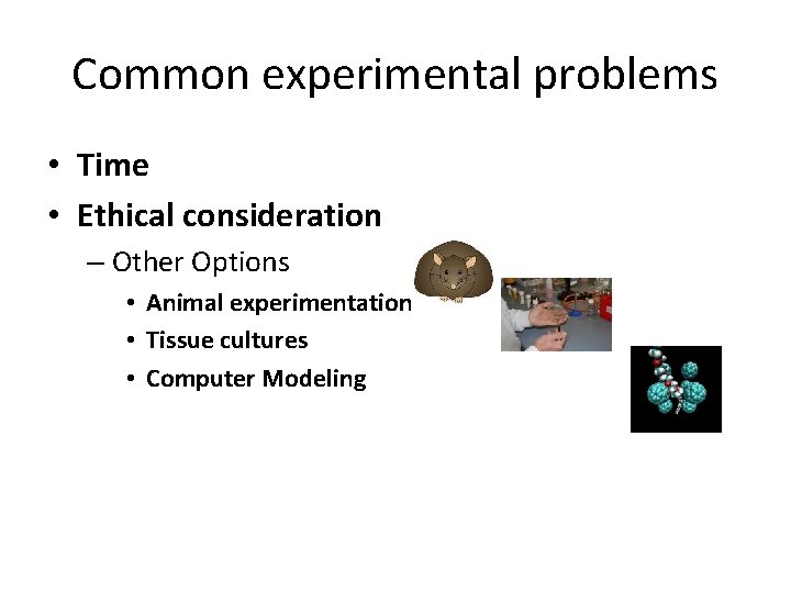 Common experimental problems • Time • Ethical consideration – Other Options • Animal experimentation