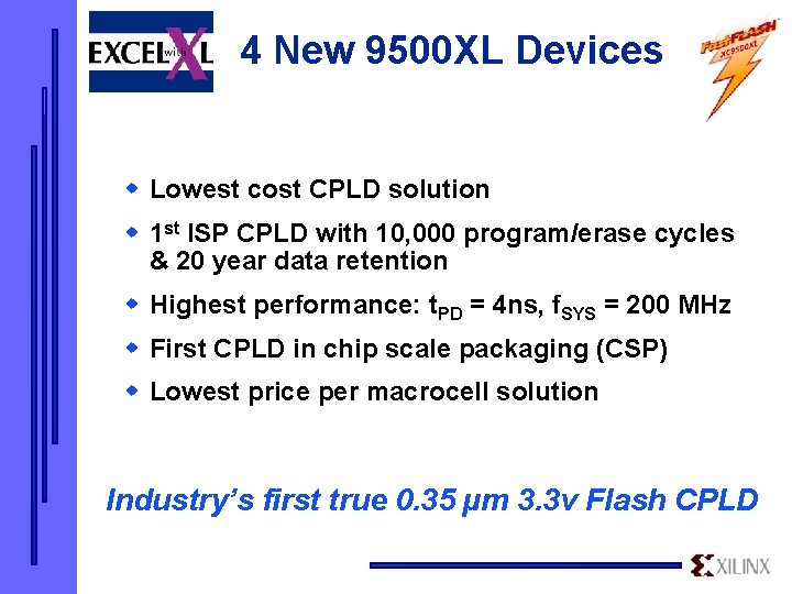 4 New 9500 XL Devices w Lowest cost CPLD solution w 1 st ISP