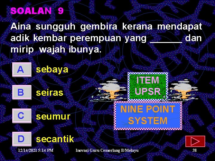 SOALAN 9 Aina sungguh gembira kerana mendapat adik kembar perempuan yang ______ dan mirip