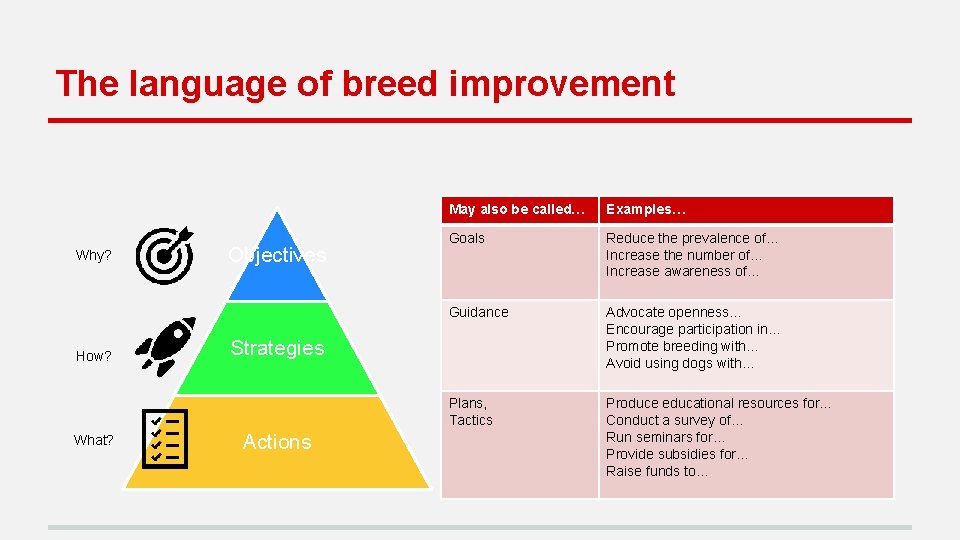 The language of breed improvement Why? How? What? Objectives May also be called… Examples…