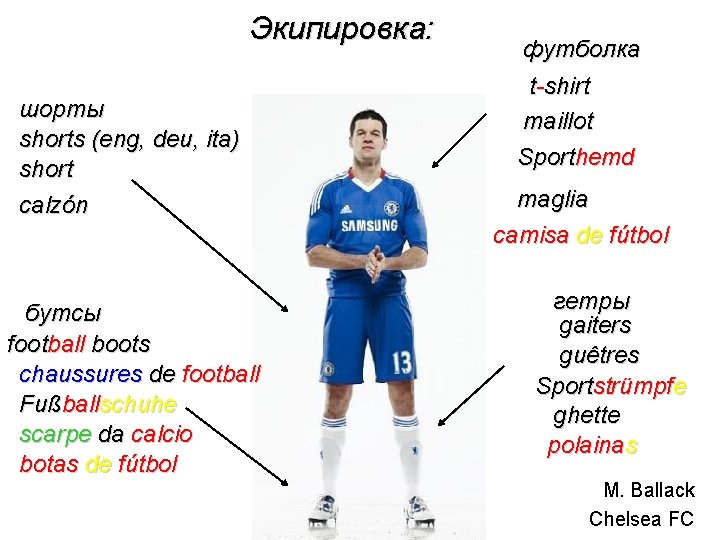 Экипировка: шорты shorts (eng, deu, ita) short calzón бутсы football boots chaussures de football