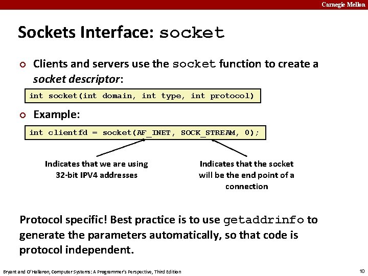 Carnegie Mellon Sockets Interface: socket ¢ Clients and servers use the socket function to