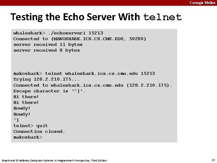 Carnegie Mellon Testing the Echo Server With telnet whaleshark>. /echoserveri 15213 Connected to (MAKOSHARK.