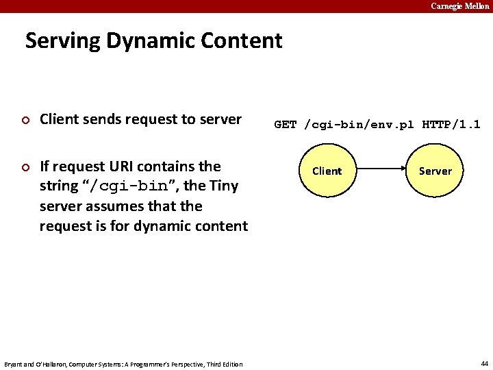 Carnegie Mellon Serving Dynamic Content ¢ ¢ Client sends request to server If request
