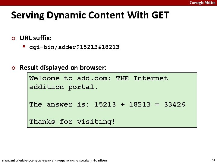 Carnegie Mellon Serving Dynamic Content With GET ¢ URL suffix: § cgi-bin/adder? 15213&18213 ¢
