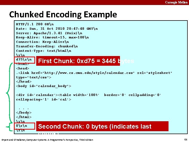 Carnegie Mellon Chunked Encoding Example HTTP/1. 1 200 OKn Date: Sun, 31 Oct 2010