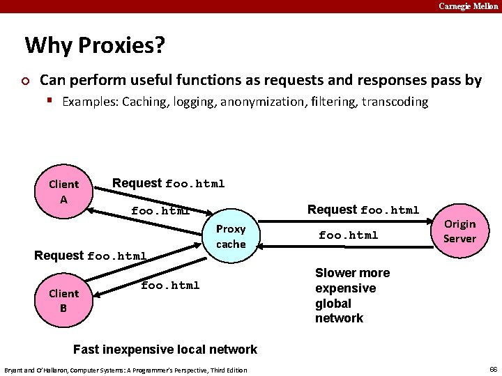 Carnegie Mellon Why Proxies? ¢ Can perform useful functions as requests and responses pass
