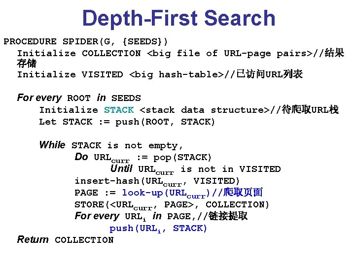 Depth-First Search PROCEDURE SPIDER(G, {SEEDS}) Initialize COLLECTION <big file of URL-page pairs>//结果 存储 Initialize